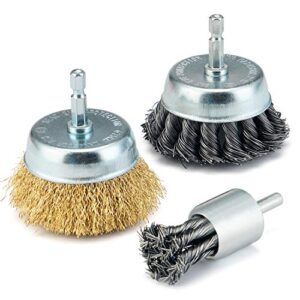 tilax 3 inch wire cup brush end brush set 3 piece, wire brush for drill 1/4 inch hex shank arbor 0.012" brass coated crimped and 0.019" carbon steel knotted wire brush, for drill attachment