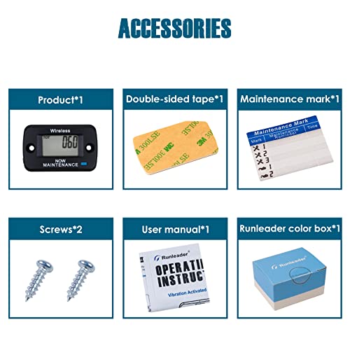Runleader Digital Vibration Activated Hour Meter Gauge,Maintenance Reminders,Suitable for Any Gas or Diesel Engines,Works on Lawn Mower Generator Compressor High Pressure Washer
