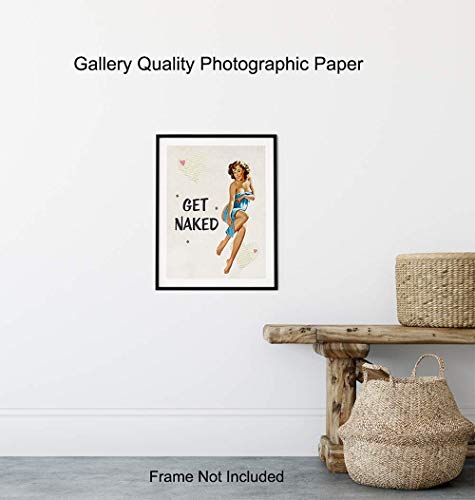 Vintage Get Naked Sign, 1950s Retro Pinup Girl Bathroom Wall Art Decor - Funny 8x10 Poster Print Gift for Powder Room, Guest Bath, Cute Bathroom Decoration for Women - Blue