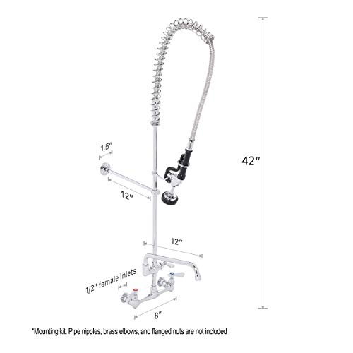 Commercial Kitchen Sink Pre-Rinse Faucet - DuraSteel 42" Height 8" Center No-Lead Wall Mount Industrial Faucet w/ Pull Down Pre-Rinse Sprayer & 12" Add-on Swing Spout - NSF Certified