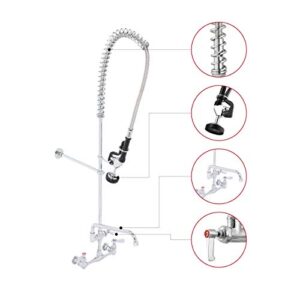 Commercial Kitchen Sink Pre-Rinse Faucet - DuraSteel 42" Height 8" Center No-Lead Wall Mount Industrial Faucet w/ Pull Down Pre-Rinse Sprayer & 12" Add-on Swing Spout - NSF Certified