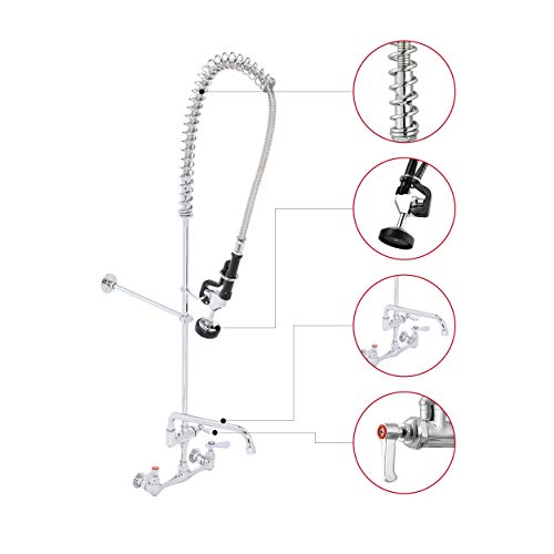 Commercial Kitchen Sink Pre-Rinse Faucet - DuraSteel 42" Height 8" Center No-Lead Wall Mount Industrial Faucet w/ Pull Down Pre-Rinse Sprayer & 12" Add-on Swing Spout - NSF Certified