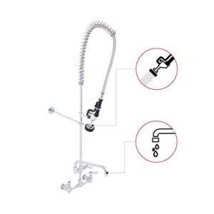 Commercial Kitchen Sink Pre-Rinse Faucet - DuraSteel 42" Height 8" Center No-Lead Wall Mount Industrial Faucet w/ Pull Down Pre-Rinse Sprayer & 12" Add-on Swing Spout - NSF Certified