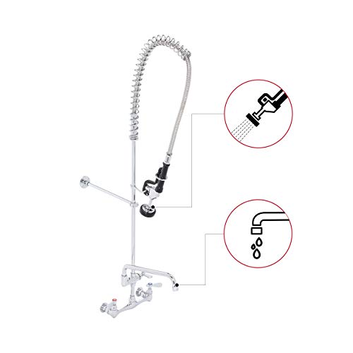 Commercial Kitchen Sink Pre-Rinse Faucet - DuraSteel 42" Height 8" Center No-Lead Wall Mount Industrial Faucet w/ Pull Down Pre-Rinse Sprayer & 12" Add-on Swing Spout - NSF Certified