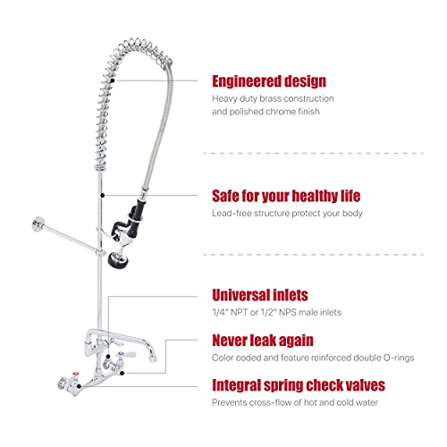 Commercial Kitchen Sink Pre-Rinse Faucet - DuraSteel 42" Height 8" Center No-Lead Wall Mount Industrial Faucet w/ Pull Down Pre-Rinse Sprayer & 12" Add-on Swing Spout - NSF Certified