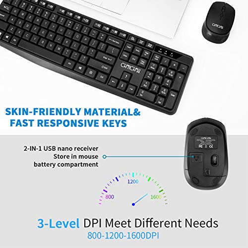 CHONCHOW Compact Wireless Keyboard and Mouse Combo[Energy Saving && Whisper Quiet], 2.4GHz Computer Keyboard, 3 Level DPI Adjustable Wireless Mouse with Independent On/Off Switch for Laptop PC Mac