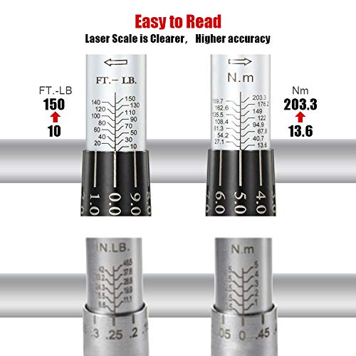 ARUCMIN 1/2-Inch Drive Click Torque Wrench (10-150 ft.-lb./13.6-203.3 Nm) Dual-Direction Adjustable Torque Wrench Set