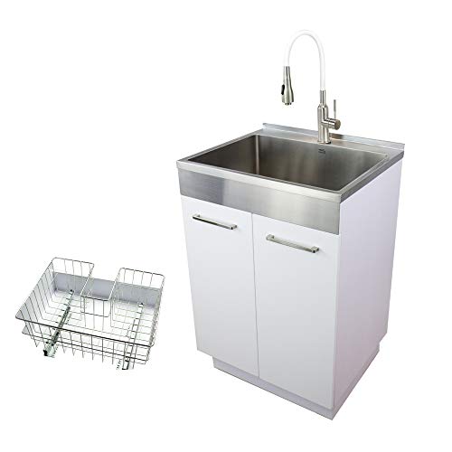 Transolid TCAB-2420-WS 24-in Laundry Cabinet Sink, Stainless Steel High Arc Faucet, and Basket, White