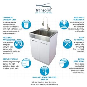 Transolid TCAB-2420-WS 24-in Laundry Cabinet Sink, Stainless Steel High Arc Faucet, and Basket, White