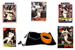 barry bonds baseball cards (5) assorted san francisco giants trading card and wristbands gift bundle