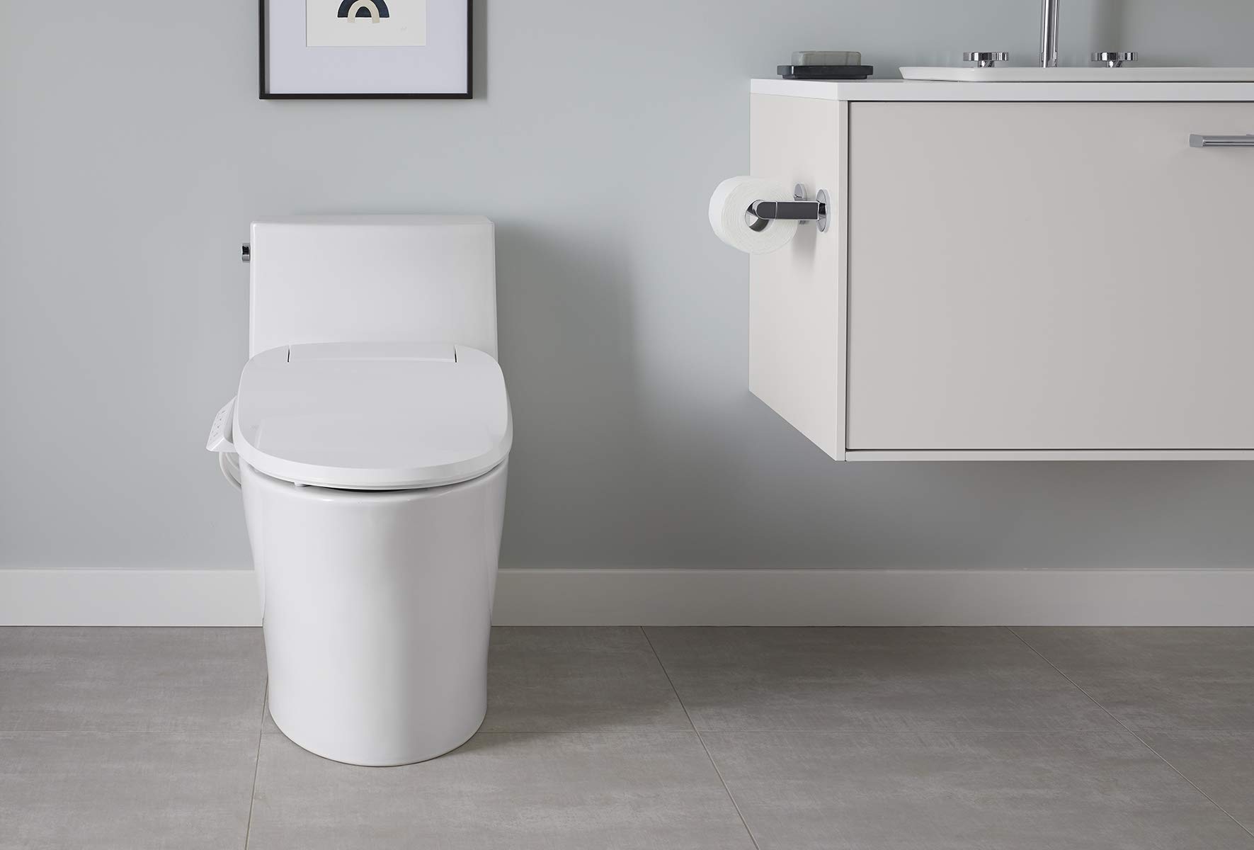 KOHLER Veil One-Piece Skirted Toilet, Dual Flush, Elongated Bowl, Skirted Trapway, White, Hidden Cord Option, Conceals Bidet Seat Cords, K-1381-HC-0