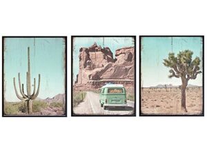 cactus decor, desert decor set - 8x10 sonoran travel wall art for bedroom, living room, office, bathroom - gift or party decorations for saguaro cactus, american west, volkswagen van fans - unframed