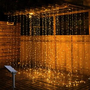 solar curtain string lights outdoor - 300 led fairy window powered ip65 waterproof, twinkle 8 modes for home garden patio porch backyard wedding party christmas