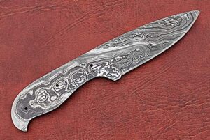 8 inches long drop point blank blade skinning knife, hand forged damascus steel 4" scale space with 3 pin hole space, 3.75 inches cutting edge