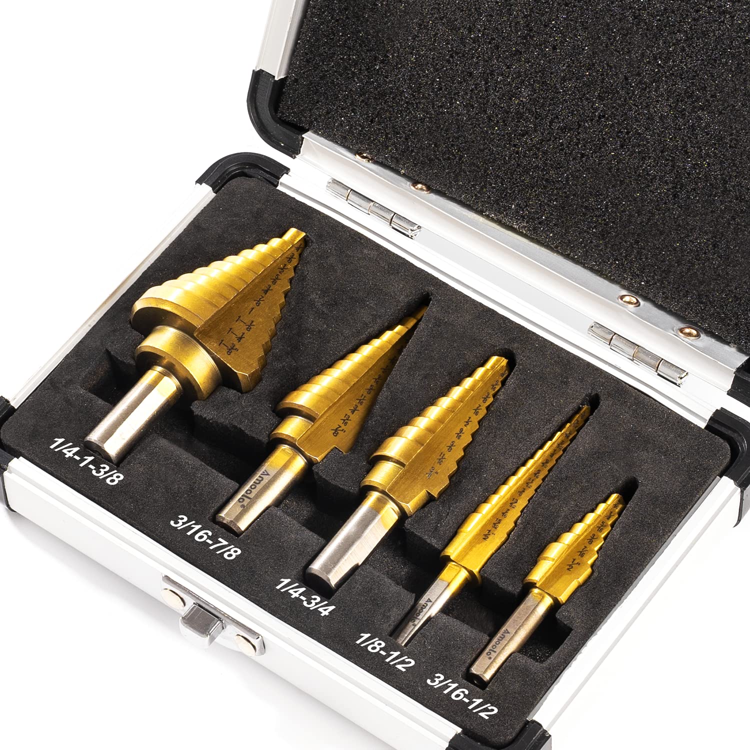 amoolo Titanium Step Drill Bit Set (5Pcs), Total 50 Sizes High Speed Steel (HSS) Unibit with Double Flute Cutting Blades for Soft Metal Sheet, Wood, Plastic, Multiple Hole Drilling Cone Bit Set