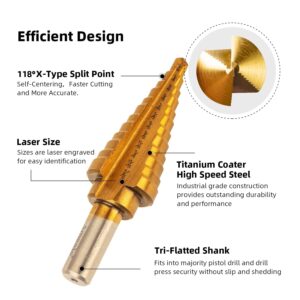 amoolo Titanium Step Drill Bit Set (5Pcs), Total 50 Sizes High Speed Steel (HSS) Unibit with Double Flute Cutting Blades for Soft Metal Sheet, Wood, Plastic, Multiple Hole Drilling Cone Bit Set