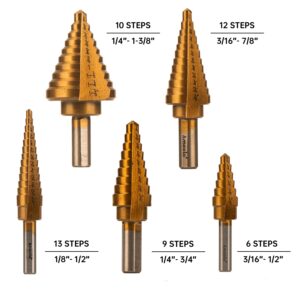 amoolo Titanium Step Drill Bit Set (5Pcs), Total 50 Sizes High Speed Steel (HSS) Unibit with Double Flute Cutting Blades for Soft Metal Sheet, Wood, Plastic, Multiple Hole Drilling Cone Bit Set