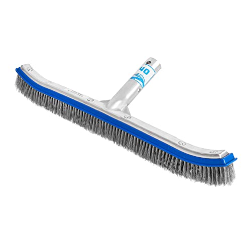 440 Heavy Duty Pool Brush - 18-inch Extra-Wide Metal Brush Head with Stainless Steel Wire Bristles & Curved Edges for Cleaning Pool Tiles, Walls, Floor, Steps - Easy Clip Attachment to Fit Most Poles