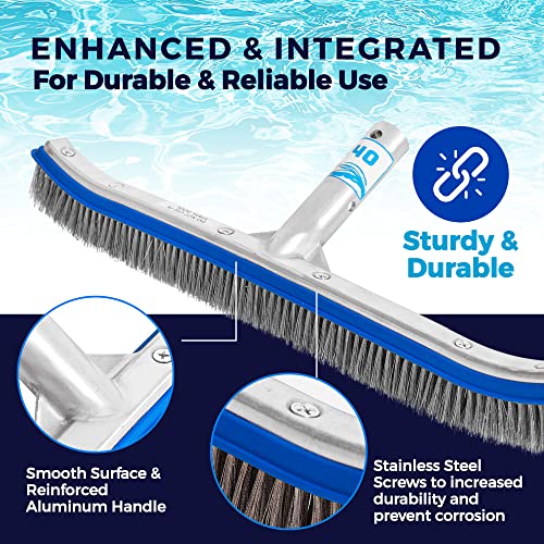 440 Heavy Duty Pool Brush - 18-inch Extra-Wide Metal Brush Head with Stainless Steel Wire Bristles & Curved Edges for Cleaning Pool Tiles, Walls, Floor, Steps - Easy Clip Attachment to Fit Most Poles