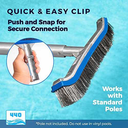 440 Heavy Duty Pool Brush - 18-inch Extra-Wide Metal Brush Head with Stainless Steel Wire Bristles & Curved Edges for Cleaning Pool Tiles, Walls, Floor, Steps - Easy Clip Attachment to Fit Most Poles