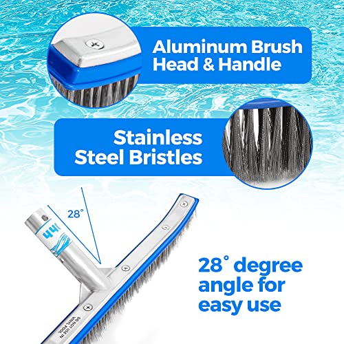 440 Heavy Duty Pool Brush - 18-inch Extra-Wide Metal Brush Head with Stainless Steel Wire Bristles & Curved Edges for Cleaning Pool Tiles, Walls, Floor, Steps - Easy Clip Attachment to Fit Most Poles