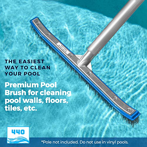 440 Heavy Duty Pool Brush - 18-inch Extra-Wide Metal Brush Head with Stainless Steel Wire Bristles & Curved Edges for Cleaning Pool Tiles, Walls, Floor, Steps - Easy Clip Attachment to Fit Most Poles