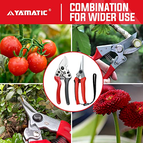 YAMATIC Garden Pruning Shears 2 Pack,1 Bypass Pruner+1 Straight Garden Scissors,Gardening Scissors Hand Prunerfor Cutting Flowers, Trimming Plants, Bonsai, Fruits Picking