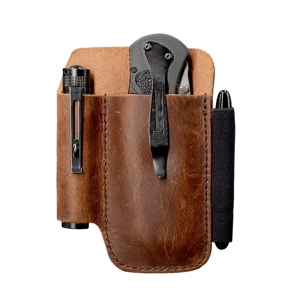 EDC Belt Knife Sheath Organizer for 4.5" Knife, Fit 0.6" Diameter Tactical Flashlight, Pocket Slip Tool Pouch, Pen Loop, EDC Holster Essential Carrier, Premium Leather. Chestnut.