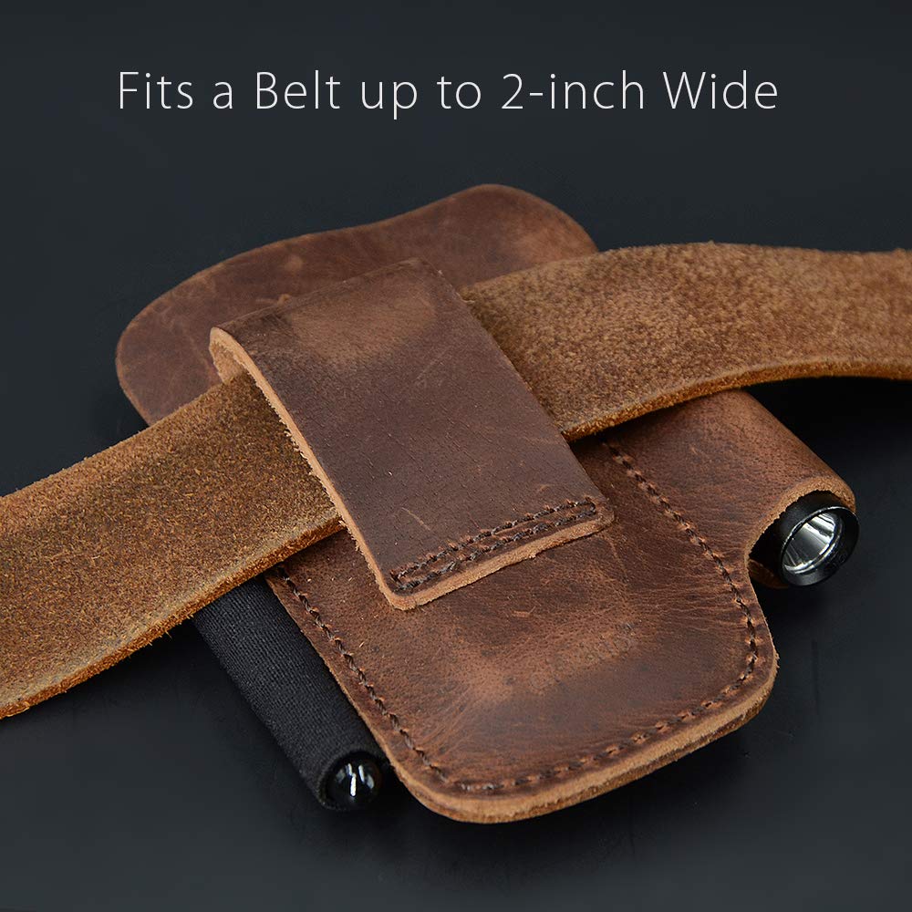 EDC Belt Knife Sheath Organizer for 4.5" Knife, Fit 0.6" Diameter Tactical Flashlight, Pocket Slip Tool Pouch, Pen Loop, EDC Holster Essential Carrier, Premium Leather. Chestnut.