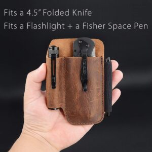 EDC Belt Knife Sheath Organizer for 4.5" Knife, Fit 0.6" Diameter Tactical Flashlight, Pocket Slip Tool Pouch, Pen Loop, EDC Holster Essential Carrier, Premium Leather. Chestnut.