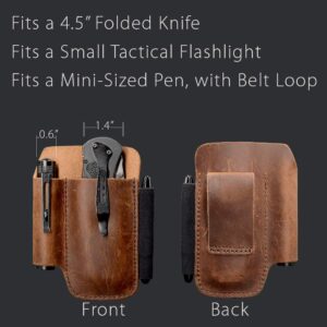 EDC Belt Knife Sheath Organizer for 4.5" Knife, Fit 0.6" Diameter Tactical Flashlight, Pocket Slip Tool Pouch, Pen Loop, EDC Holster Essential Carrier, Premium Leather. Chestnut.