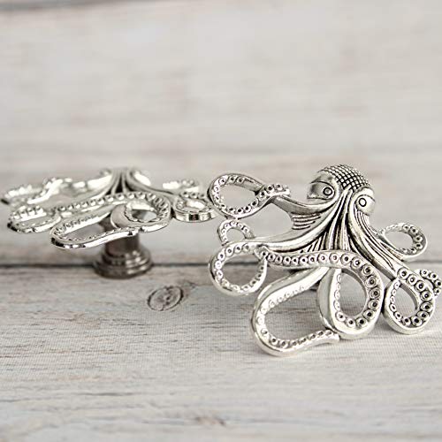 SET of 2 Antique Silver Octopus Drawer Knobs - Nautical Cabinet Knobs Octopus