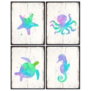 Starfish, Octopus, Sea Turtle, Seahorse Nautical Wall Decor Set - 8x10 Ocean Sea Themed Wall Art Decorations for Girls, Boys, Kids, Toddler Bedroom, Baby Room, Bathroom, Beach House - Gift for Women