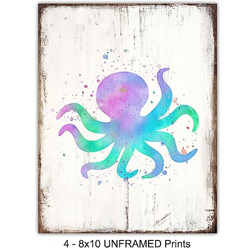 Starfish, Octopus, Sea Turtle, Seahorse Nautical Wall Decor Set - 8x10 Ocean Sea Themed Wall Art Decorations for Girls, Boys, Kids, Toddler Bedroom, Baby Room, Bathroom, Beach House - Gift for Women