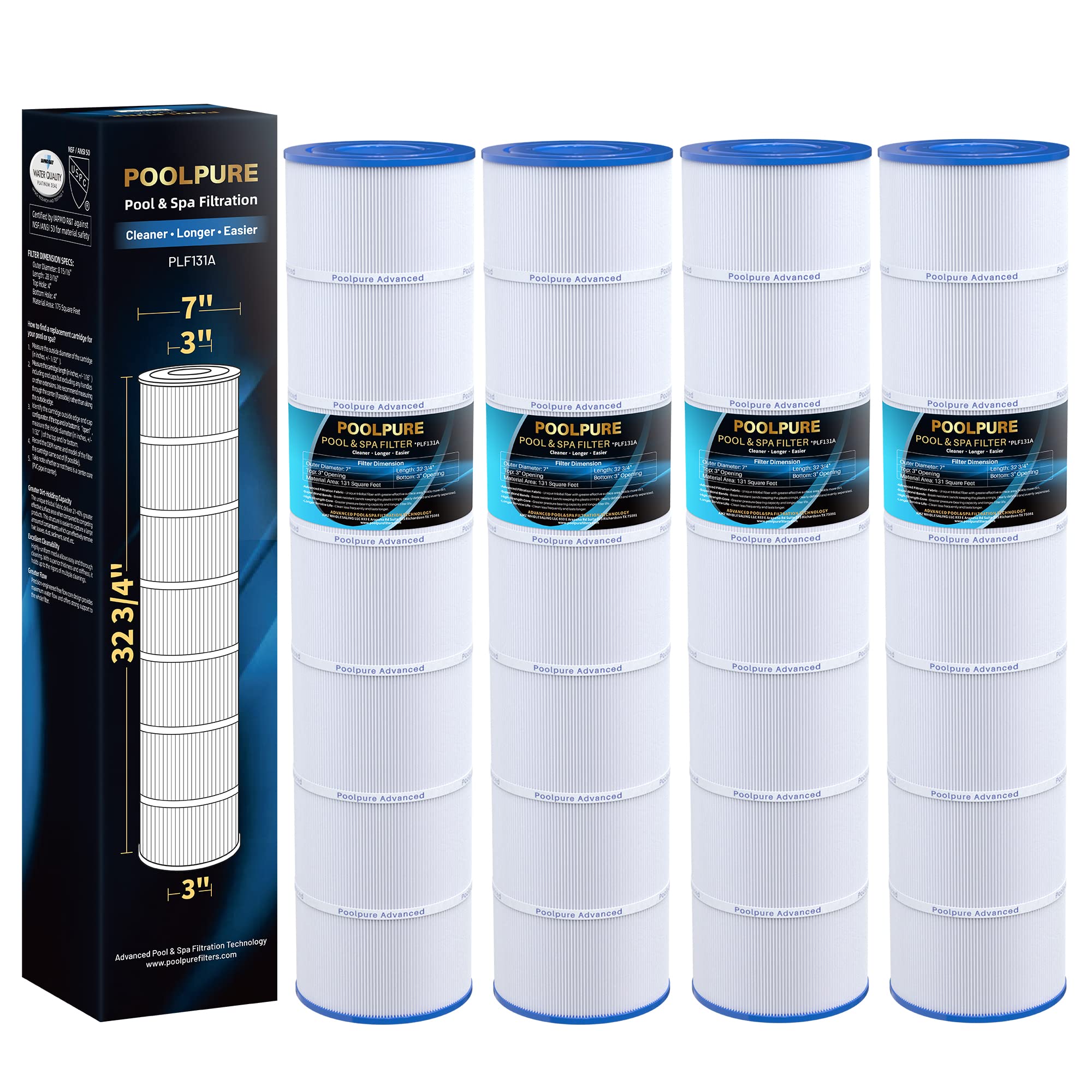 POOLPURE PLF131A Pool Filter Replaces Pleatco PA131-PAK4, Ultral-A2, Hayward CX1280XRE, SwimClear C5020, Unicel C-7494, Filbur FC-1227, FC-6435, C5025, C5030, 4 X 131 sq. ft. Filter Cartridge 4 Pack