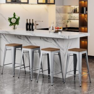 alunaune 24" metal counter height bar stools set of 4 industrial backless kitchen patio counter stool stackable barstools wood top- 24inch, silver