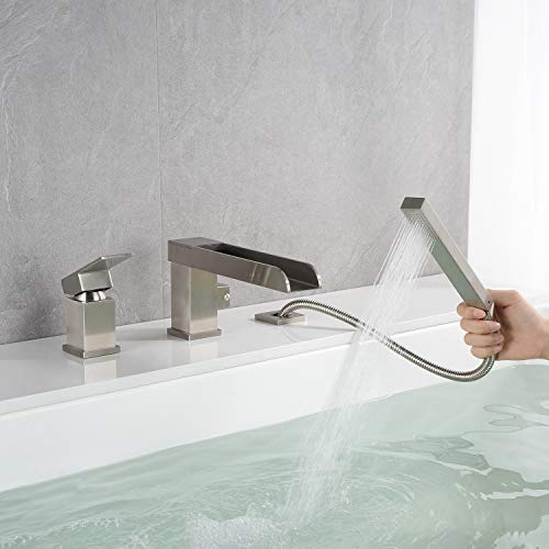 Wowkk Waterfall Roman Tub Faucets Deck Mount Brushed Nickel Bathtub Faucets Brass Tub Filler Bathroom Faucets with Hand Shower