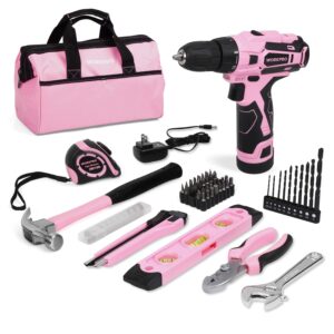 workpro 12v pink cordless drill driver and home tool kit, hand tool set for diy, home maintenance, 14-inch storage bag included - pink ribbon