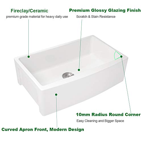 33 White Farmhouse Sink - Sarlai 33 Inch White Kitchen Sink Curved Apron Front Ceramic Porcelain Fireclay Single Bowl Farm Sink Basin