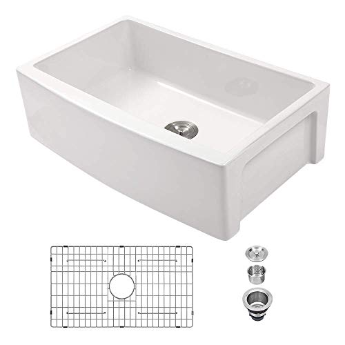 33 White Farmhouse Sink - Sarlai 33 Inch White Kitchen Sink Curved Apron Front Ceramic Porcelain Fireclay Single Bowl Farm Sink Basin