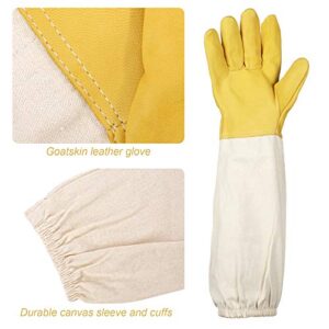 2 Pairs Beekeeping Gloves- Thick Goatskin Leather Beekeeper's Gloves with Ventilated Canvas Long Sleeves Elastic Cuffs Vented Beekeeper Protected Gloves for Beekeepers Hand Protection