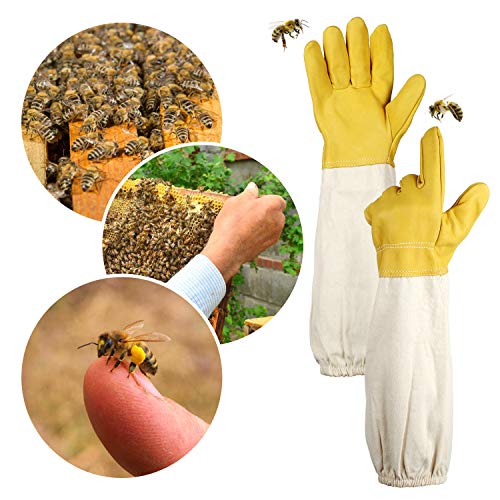 2 Pairs Beekeeping Gloves- Thick Goatskin Leather Beekeeper's Gloves with Ventilated Canvas Long Sleeves Elastic Cuffs Vented Beekeeper Protected Gloves for Beekeepers Hand Protection