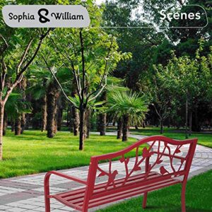 Sophia & William Outdoor Patio Metal Park Bench Red, Steel Frame Bench with Backrest and Armrests for Porch, Patio, Garden, Lawn, Balcony, Backyard and Indoor, 50.4”Wx23.5”D x35.0”H