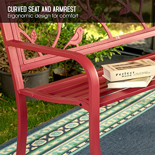 Sophia & William Outdoor Patio Metal Park Bench Red, Steel Frame Bench with Backrest and Armrests for Porch, Patio, Garden, Lawn, Balcony, Backyard and Indoor, 50.4”Wx23.5”D x35.0”H