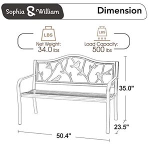 Sophia & William Outdoor Patio Metal Park Bench Red, Steel Frame Bench with Backrest and Armrests for Porch, Patio, Garden, Lawn, Balcony, Backyard and Indoor, 50.4”Wx23.5”D x35.0”H