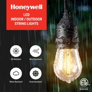 Honeywell 48 FT Outdoor String Lights, Commercial Grade Waterproof LED Patio Lights, 15 Plastic E26 Bulbs, Create Cafe Lighting Ambience in Your Backyard