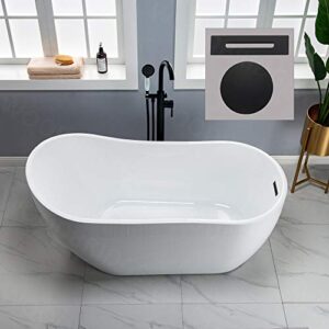woodbridge 59" acrylic freestanding bathtub contemporary soaking white tub with matte black overflow and drain，b1530 -mb-drain &o