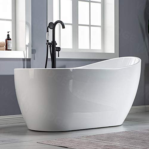 WOODBRIDGE 59" Acrylic Freestanding Bathtub Contemporary Soaking White Tub with Matte Black Overflow and Drain，B1530 -MB-Drain &O