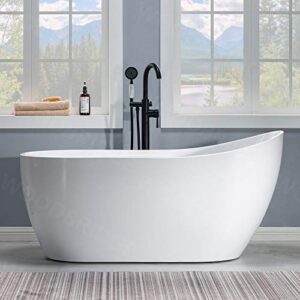 WOODBRIDGE 59" Acrylic Freestanding Bathtub Contemporary Soaking White Tub with Matte Black Overflow and Drain，B1530 -MB-Drain &O