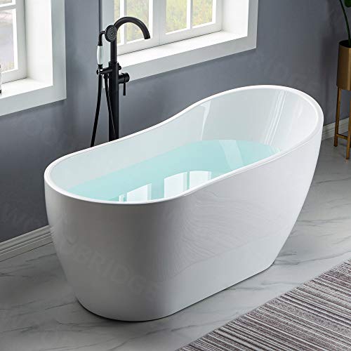 WOODBRIDGE 59" Acrylic Freestanding Bathtub Contemporary Soaking White Tub with Matte Black Overflow and Drain，B1530 -MB-Drain &O